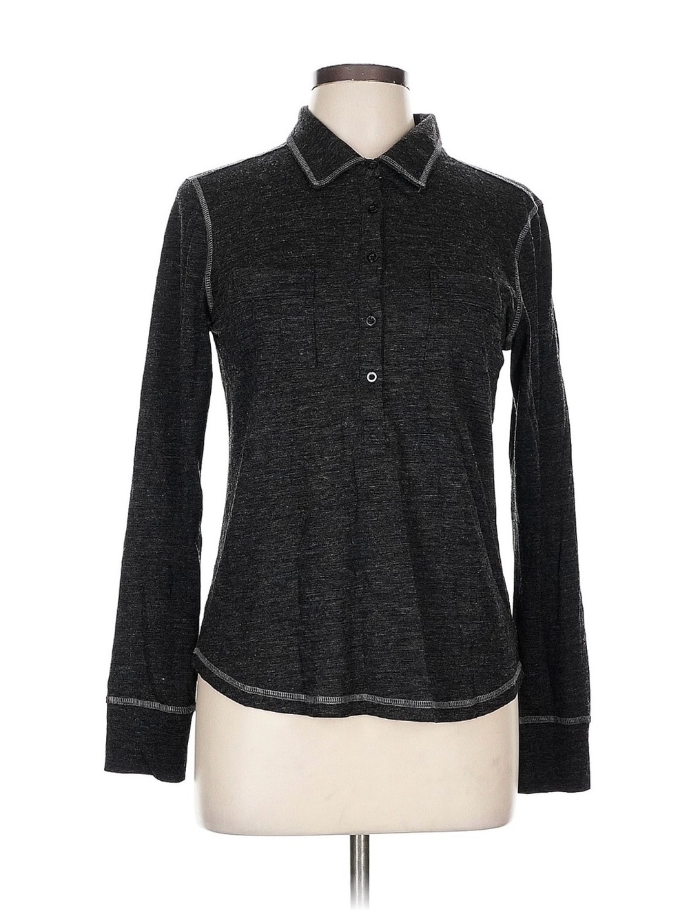 Prana Black Long-Sleeve Polo Top with Contrast Stitching